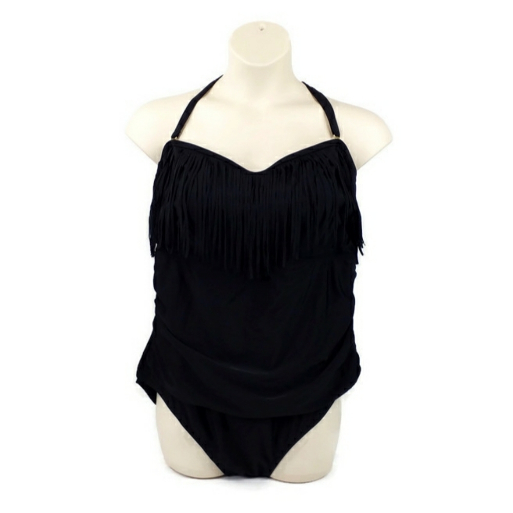 Emerald Bay Black Fringed One Piece Swimsuit Womens 24W NWOT